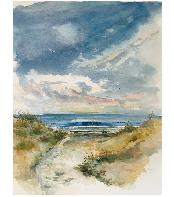 Watercolor of an empty bench overlooking the beach
