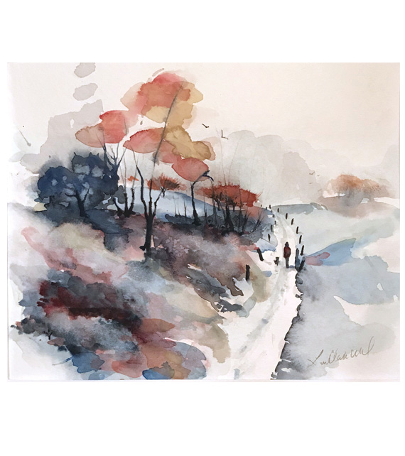 watercolor of a walk through the woods with my dog