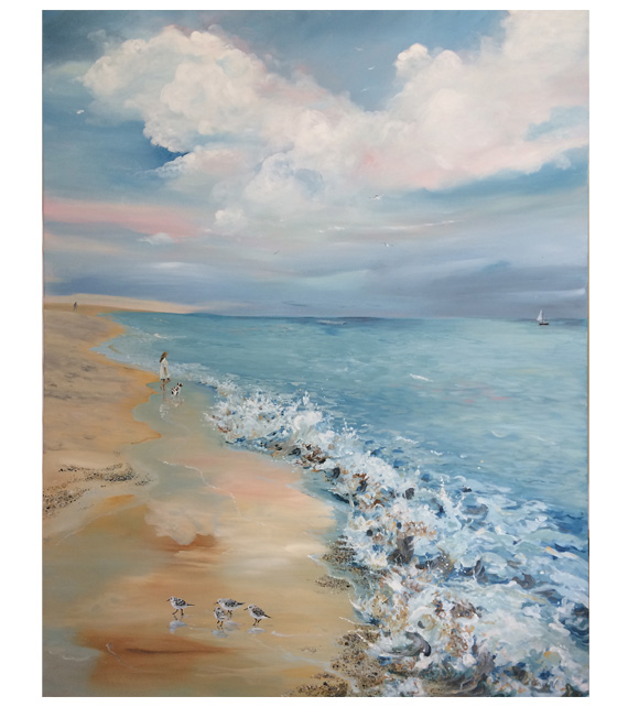 acrylic on canvas of a woman and her dog gazing out to sea from the beach
